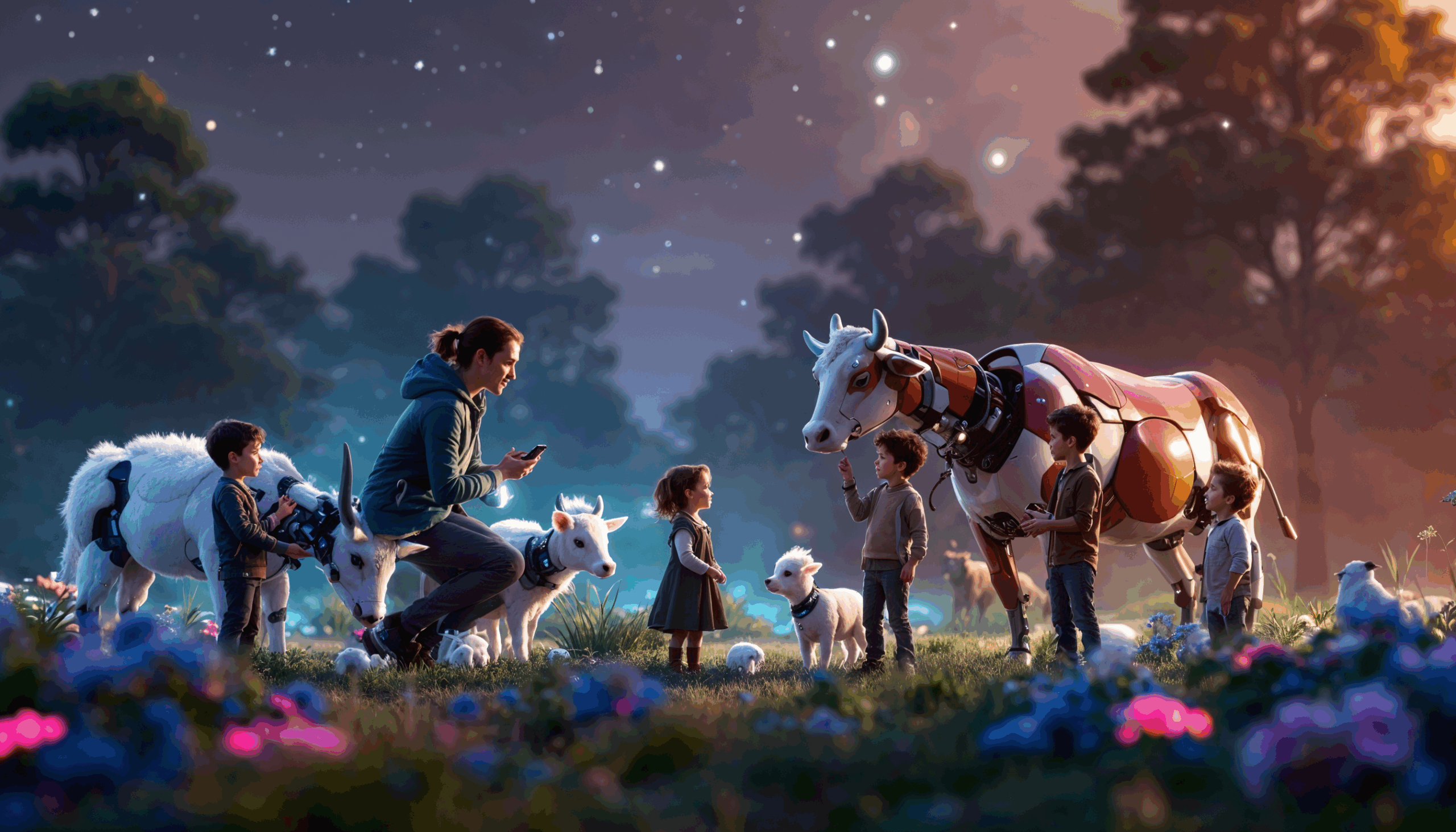 famille et robots IA sous les étoiles