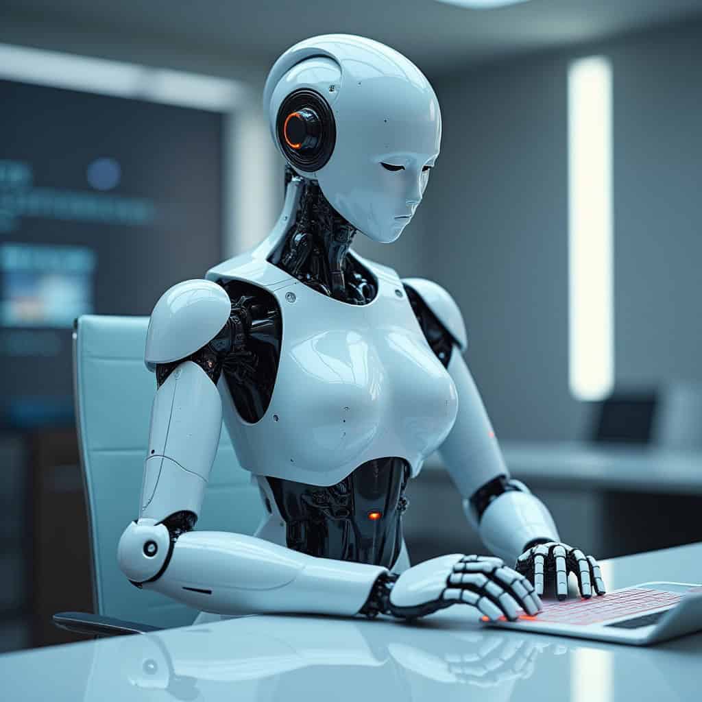 Robot IA devant ordinateur