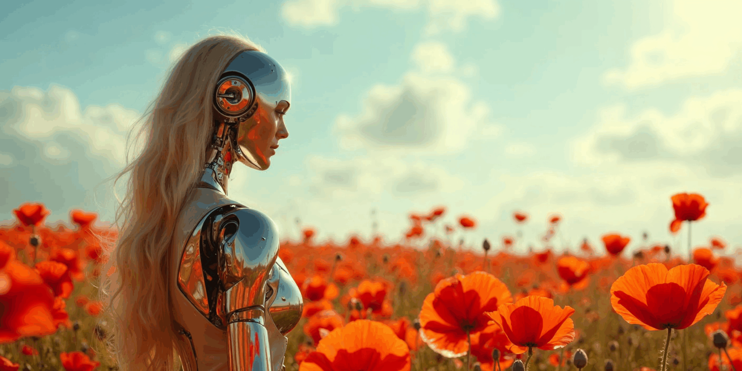 Robot IA dans un champ de coquelicots rouges