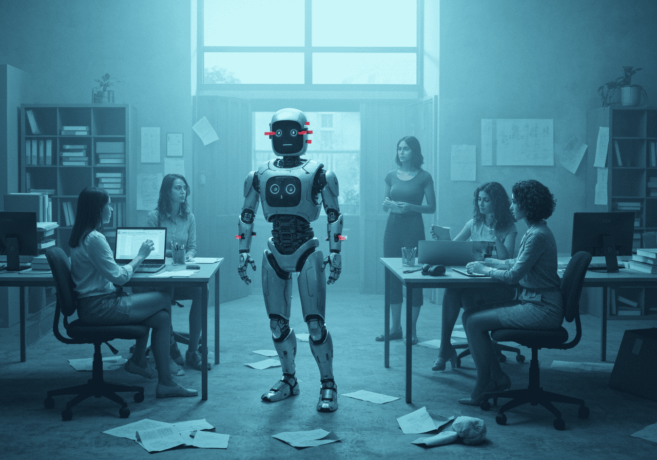 A robot standing in front of a group of people.
