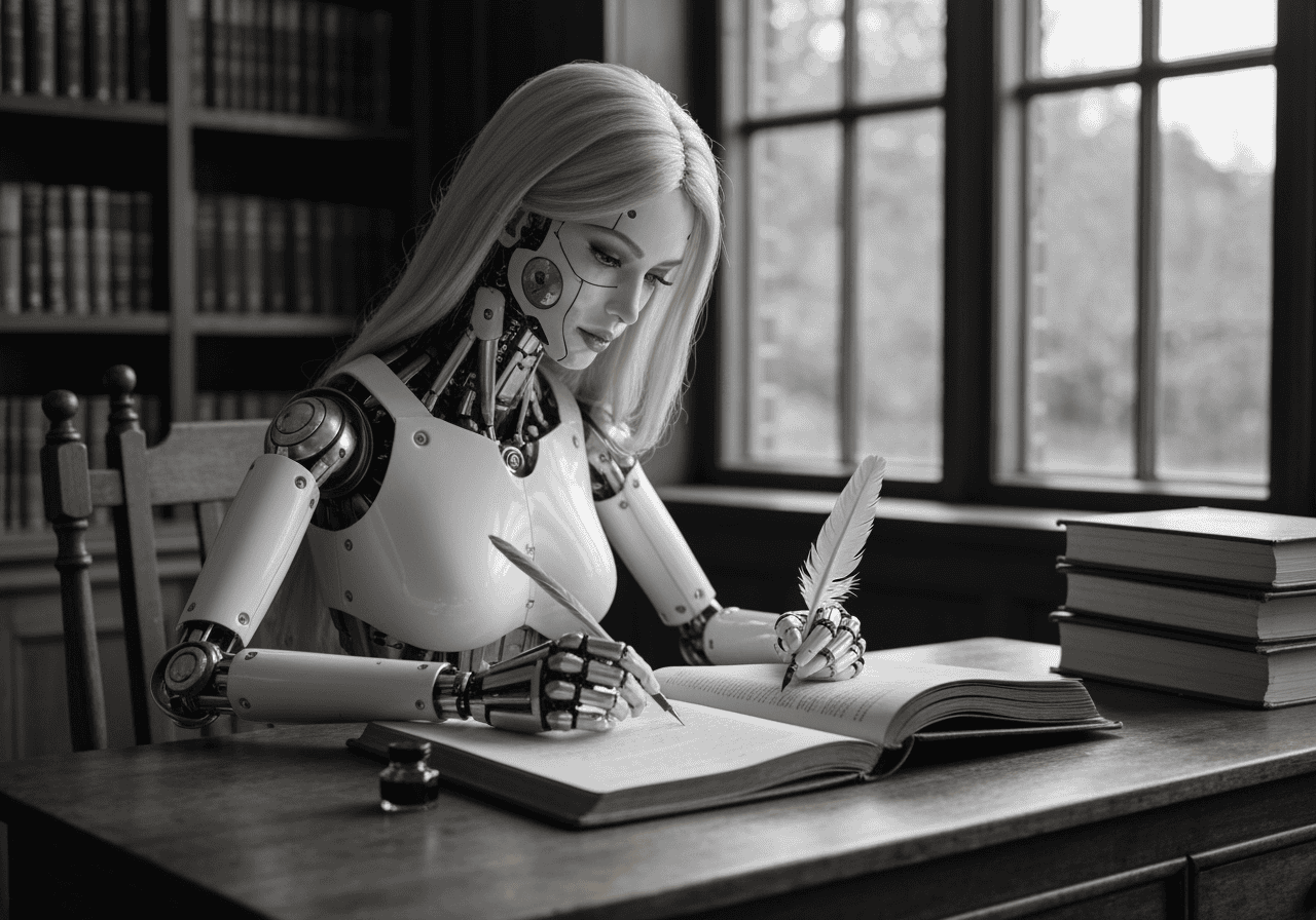 femme robot écrivant pour l(intelligence artificielle