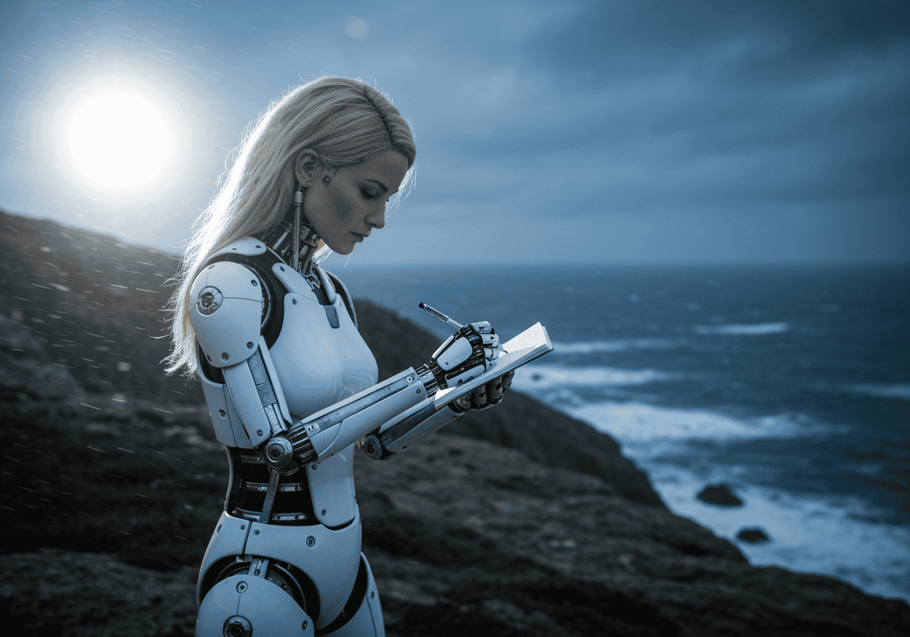femme robot IA écrivant au bord de la mer