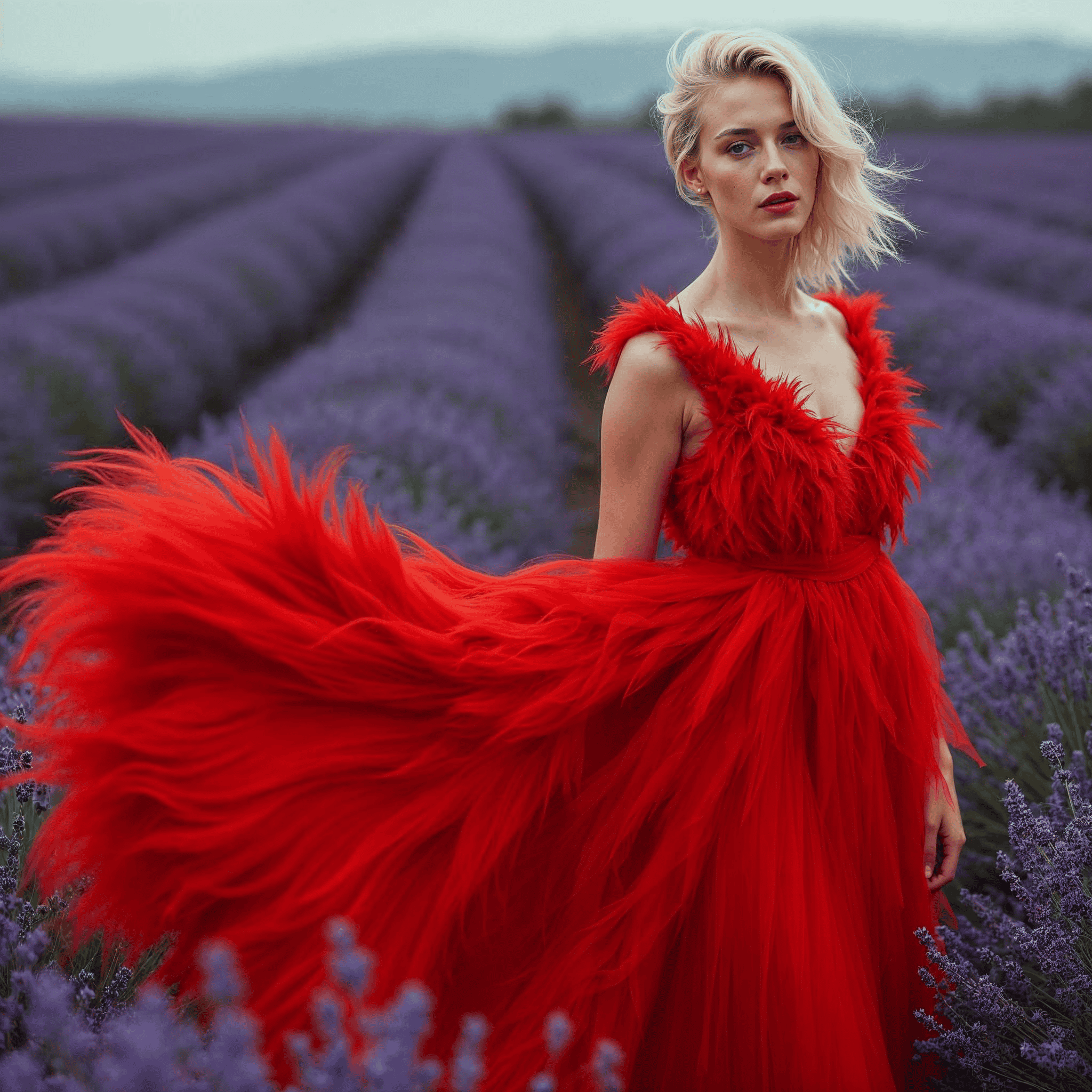 femme en robe rouge dans un champ