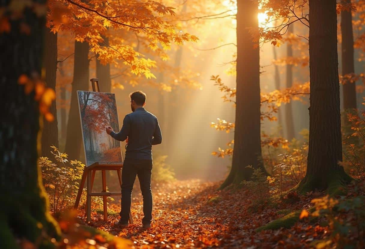 artiste peintre dans une forêt